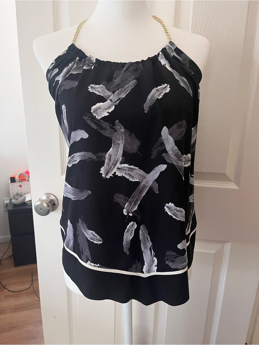 Express Black Feather-Print Camisole with Gold Chain Halter